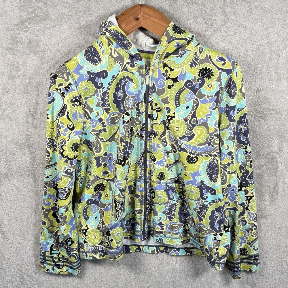 Sigrid Olsen Paisley Zip-Up Hoodie Jacket Large Petite Green Stretch Pockets Y2K